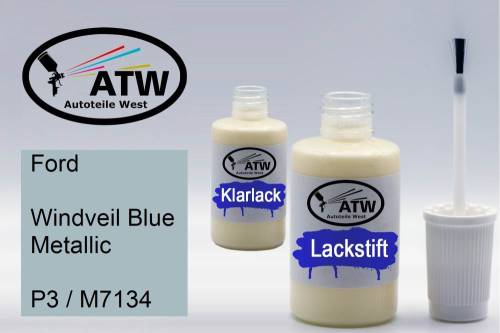 Ford, Windveil Blue Metallic, P3 / M7134: 20ml Lackstift + 20ml Klarlack - Set, von ATW Autoteile West.